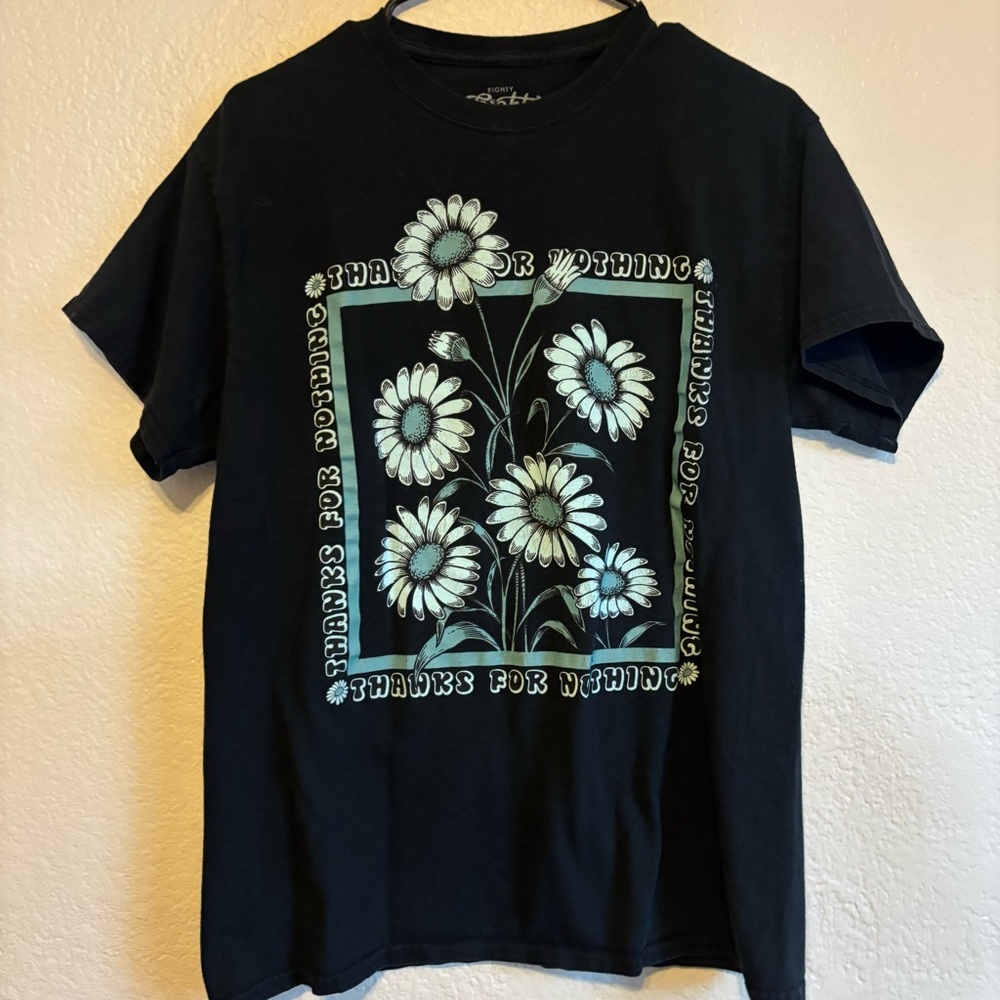 Large Black Graphic Tee with Daisy Print - "Thanks For Nothing"